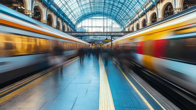 Fast trains moving on a busy platform with passengers at a railway station