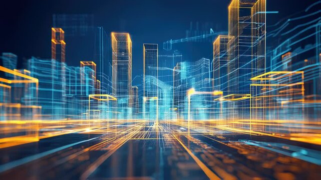 Futuristic city skyline digital wireframe glowing with blue and gold lights - Powered by Adobe