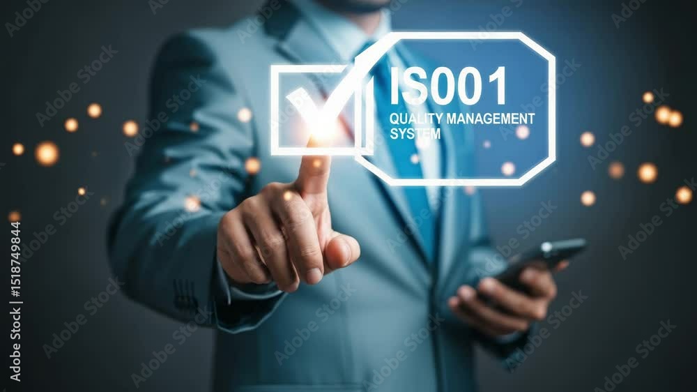Poster Man in suit touches glowing checkmark for iso quality management system on dark background