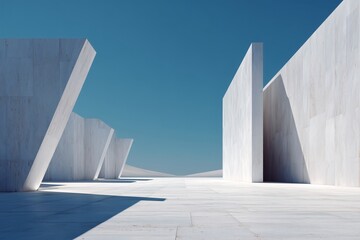 Minimalist Concrete Architecture: stark geometric structures against a vivid blue sky create a serene and modern abstract landscape.