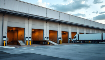 Contemporary industrial warehouse with spacious loading docks and designated truck bays for efficient logistics operations, cinematic. isolated with white highlights