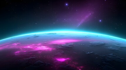 Fototapeta premium A stunning view of a distant planet illuminated by vibrant pink and blue hues, showcasing the beauty of the cosmos and the mysteries of outer space.