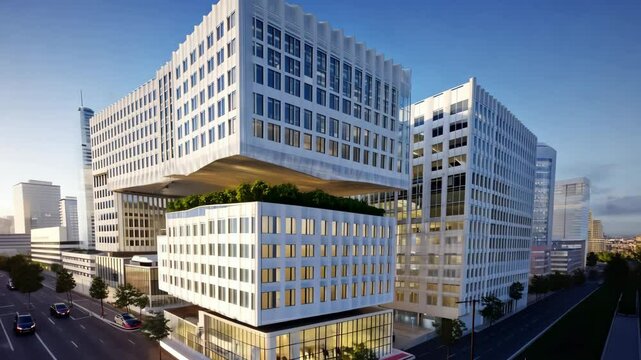 Modern office building exterior with white metal cladding and glass windows. motion video.