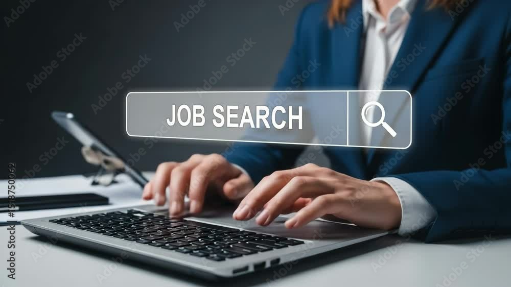 Poster person typing on laptop with job search bar displayed on screen in a business setting view