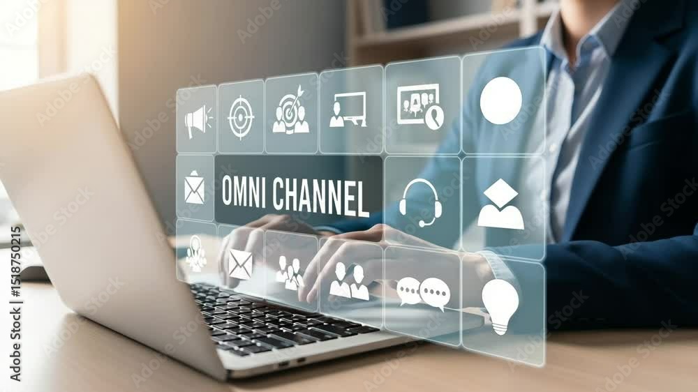 Poster person typing on laptop with omni channel interface and icons displayed above the keyboard area