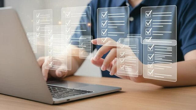 Person interacting with digital checklist on laptop screen with blue shirt at desk in bright setting