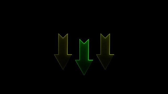 Down arrow. Glowing neon icon on brick A neon arrow pointing upwards on a dark black background