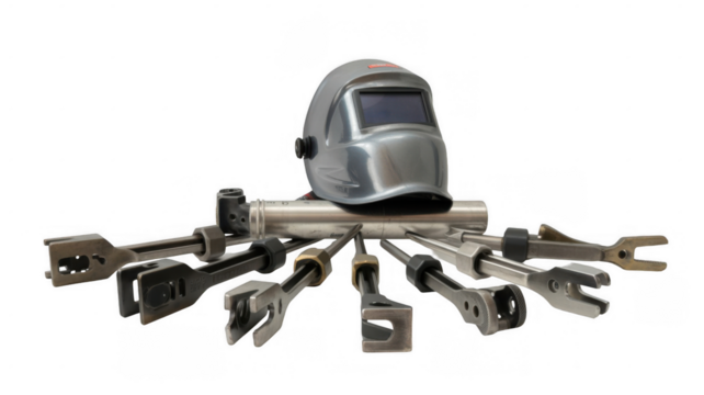 Welding accessories including a helmet, nozzle, and various tig torch components arranged on a transparent background, highlighting essential equipment for metalwork