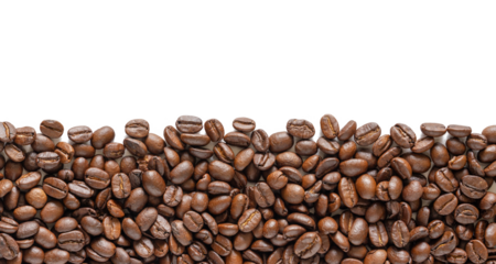 Many roasted coffee beans on white background. Coffee beans border with area for copy space. Close up images.