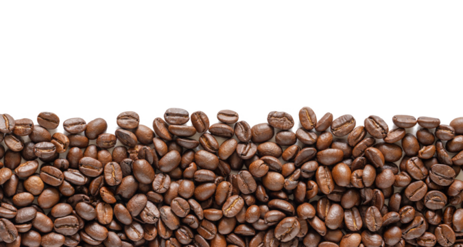 Many roasted coffee beans on white background. Coffee beans border with area for copy space. Close up images.