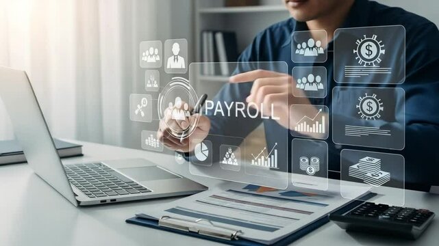Man analyzing payroll data with laptop and digital interface on a bright office desk setting view