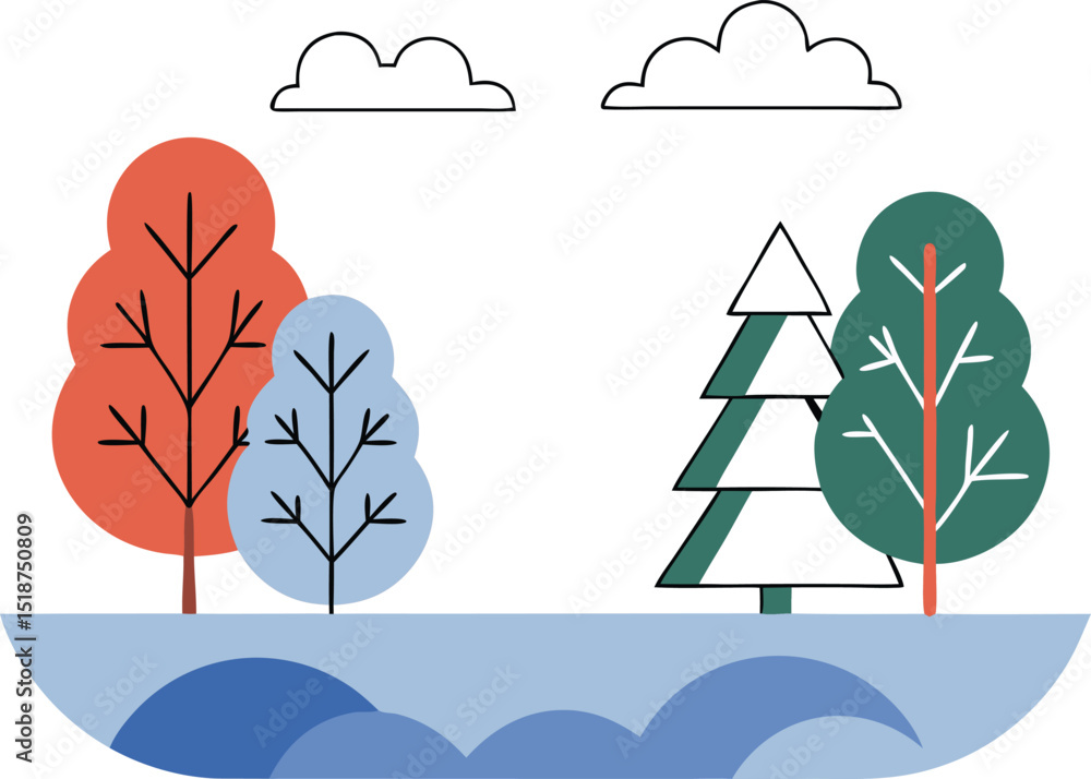 Poster winter forest scene with abstract trees and transparent background for designs