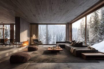 Modern cabin interior with fireplace, expansive windows framing snow-covered forest. Inviting, tranquil space. Rustic and refined living.