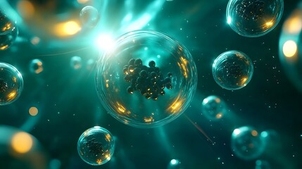A vibrant depiction of microscopic bubbles, showcasing intricate patterns and glowing lights