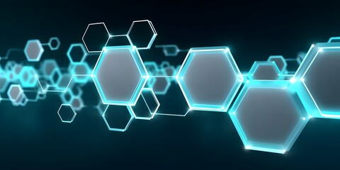 Fototapeta premium Futuristic hexagonal patterns with glowing edges against a dark background. Ideal for themes related to innovation, science, and modern technology concepts.