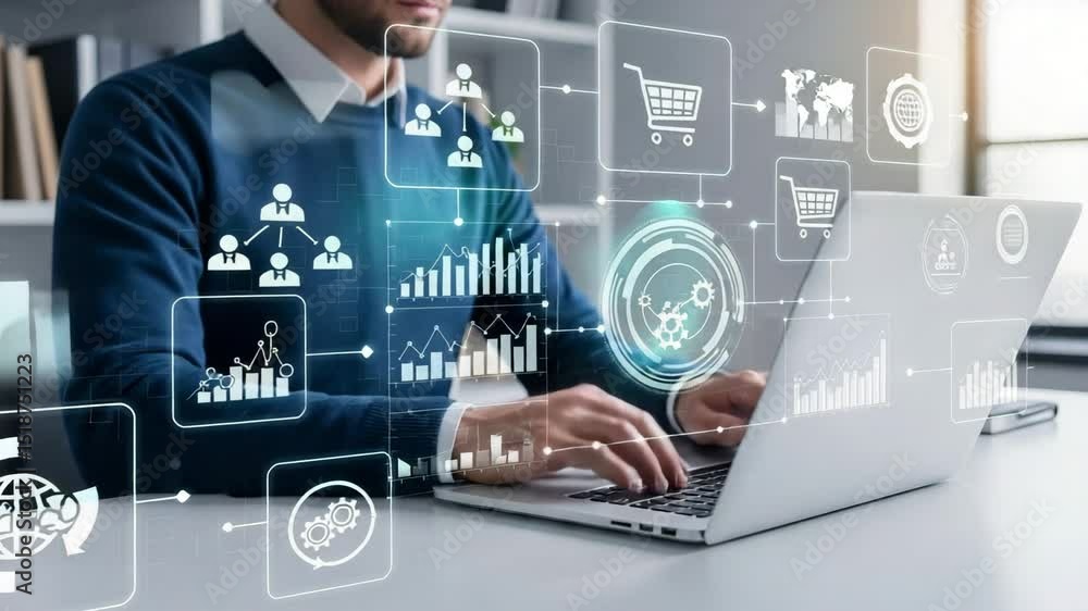 Poster Man working on laptop with digital business icons overlayed on screen and around the computer
