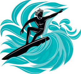 Surfer catching a wave, showcasing motion and aquatic energy.