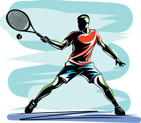 Tennis player swinging a racket, capturing motion and athletic energy.