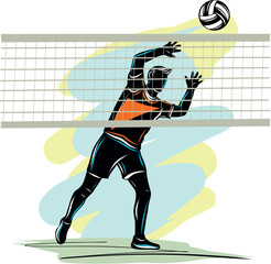 Volleyball player jumping to block a ball during a match.