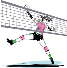 Volleyball player jumping to block a ball during a match.