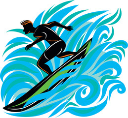 Surfer catching a wave, showcasing motion and aquatic energy.