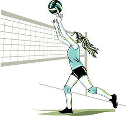 Volleyball player jumping to block a ball during a match.