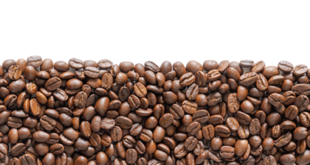 Many roasted coffee beans on white background. Coffee beans border with area for copy space. Close up images.