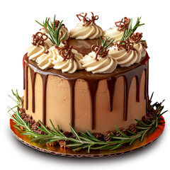 Beautiful round cake with intricate decoration, isolated on transparent background for bakery designs.