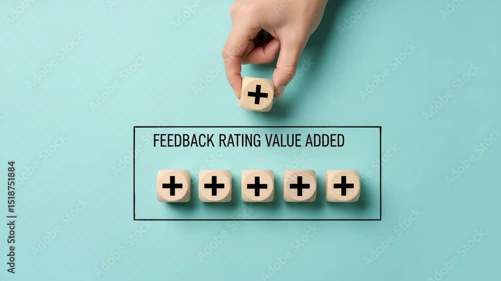 Poster hand placing plus sign wooden block above feedback rating value added wooden blocks on blue backgrou