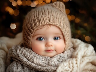 Charming baby portrait in cozy knitwear festive holiday setting adorable child indoor winter atmosphere soft focus heartwarming concept