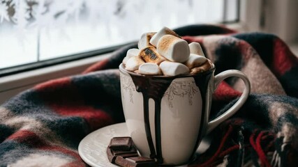 Hot chocolate with marshmallows in cozy winter setting - Powered by Adobe
