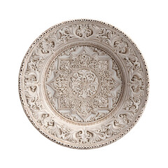 A designer ceramic plate with intricate detailing, isolated on a transparent background.