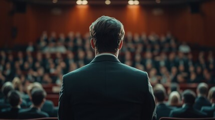 An orator addresses a full theater with anticipation building for performance