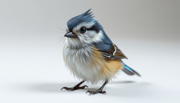 robotic titmouse with fluffy metallic feathers and glowing blue highlights, full body, pure white background, sharp focus, 300 dpi, 4k resolution   negative fastnegativev2, bad hands 5