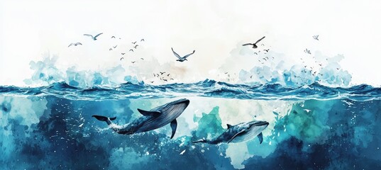 Stunning  painting of whales breaching ocean waves: serene sea life