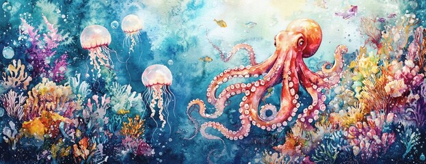 Vibrant  octopus and jellyfish in a coral reef scene: underwater ocean
