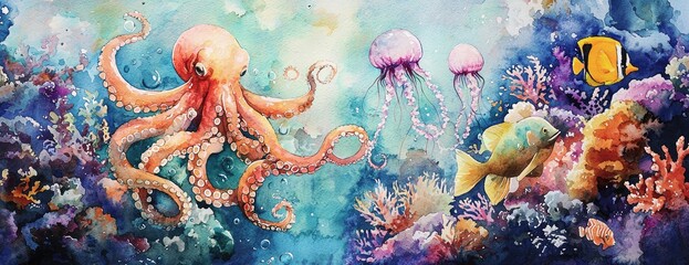 Vibrant underwater  painting: octopus, jellyfish, and coral reef fish
