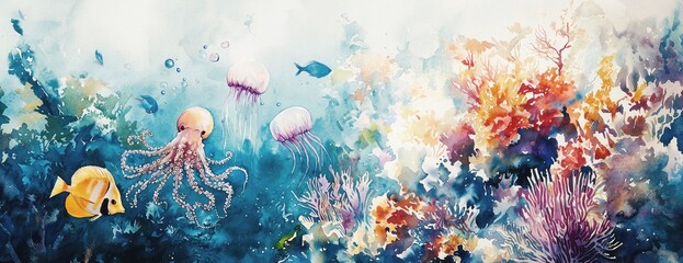 Vibrant underwater  painting: octopus, jellyfish, and coral reef scene - ocean life art