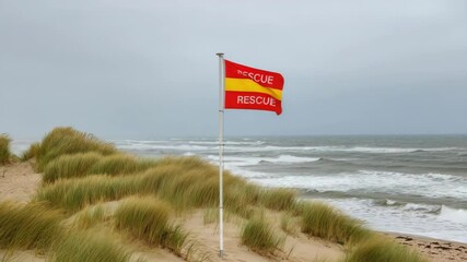 Coastal sandy beach with "RESCUE" flag and sea waves in background