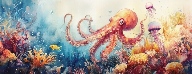 Vibrant  octopus in coral reef: underwater ocean scene with jellyfish and fish