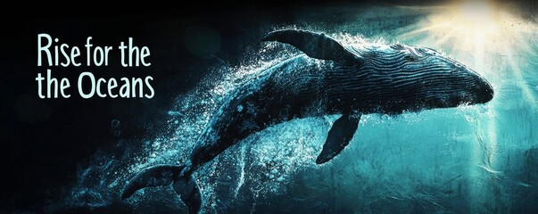 Rise for the oceans: majestic humpback whale leaps through turquoise waters – a breathtaking artistic depiction of ocean conservation