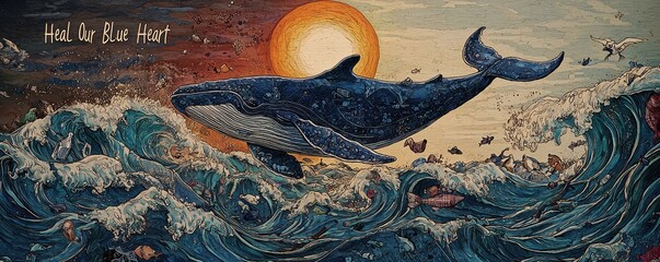 Heal our blue heart: whale in ocean wave art, plastic pollution awareness
