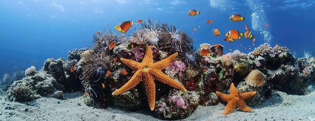 Vibrant underwater scene: orange starfish, clownfish, and coral reef | stunning ocean life photography