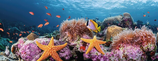 Vibrant underwater scene: coral reef with starfish, anemones, and tropical fish