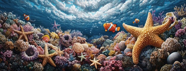 Vibrant underwater seascape: a detailed painting of a coral reef with starfish and clownfish