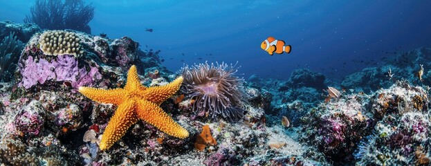 Vibrant underwater scene: starfish, anemones, and clownfish in a coral reef paradise