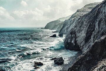 Dramatic ocean waves crashing against rugged coastline: a stunning coastal scene