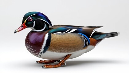 robotic wood duck with colorful metallic plumage and glowing blue highlights, full body, pure white background, sharp focus, 300 dpi, 4k resolution   negative fastnegativev2, bad hands 5