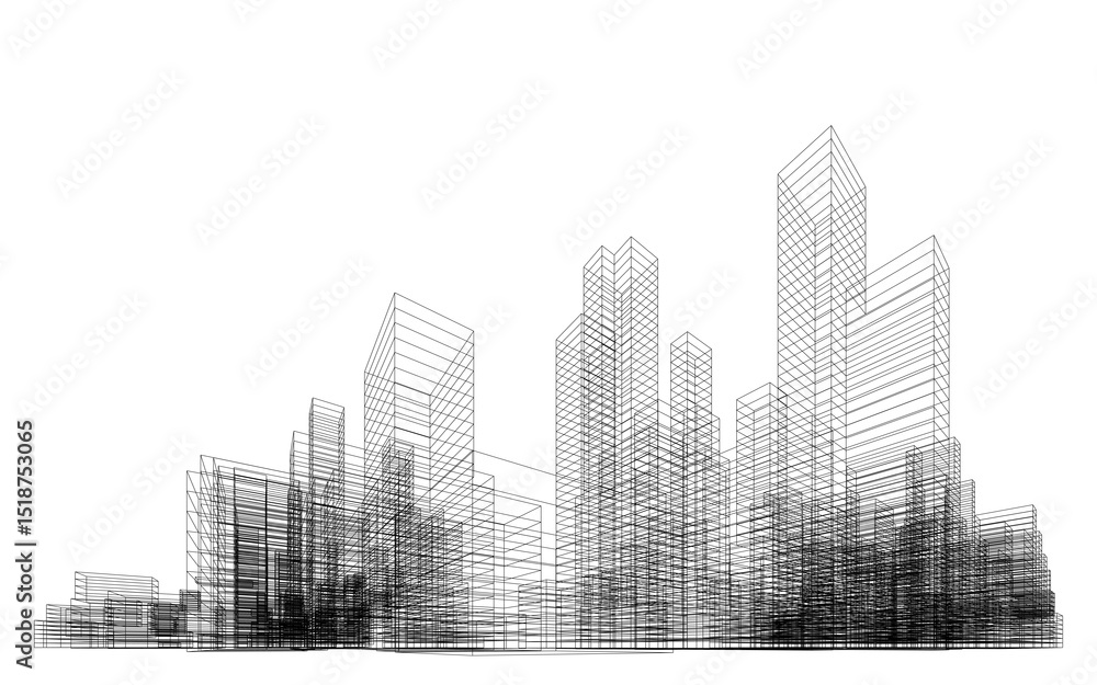 Poster 3d wireframe perspective of building. abstract wireframe city background for template design.