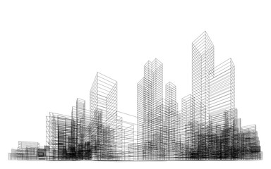 3D wireframe perspective of building. Abstract wireframe city background for template design.